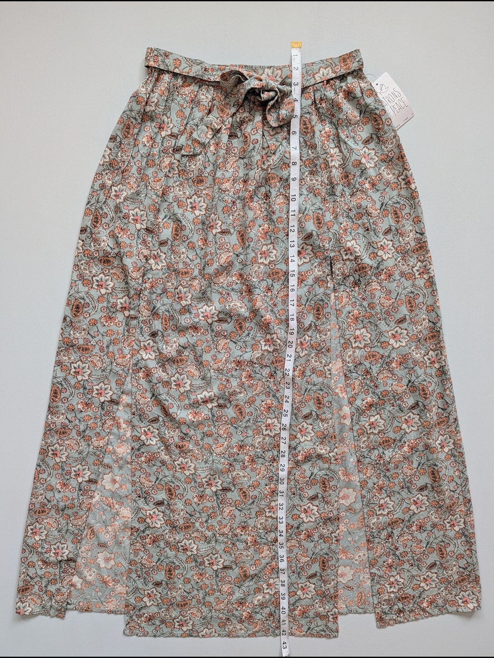 NWT Patrons of Peace Sage Peach Floral Double Slit Tie Waist Maxi Skirt Medium - Picture 5 of 7